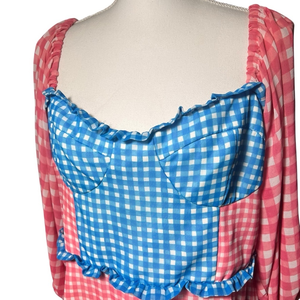 Slate & Willow Gingham Mini Dress Pink & Blue Lined Ruffle Detail Size 14 Flirty - Picture 12 of 16